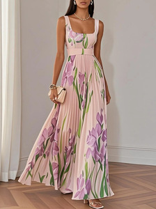 Nouvelle arrivée Robe longue plissée à imprimé floral pour femmes, col <span class=keywords><strong>carré</strong></span>, sans manches, ceinture à la taille, <span class=keywords><strong>coupe</strong></span> évasée, robe de soirée formelle - Product Image 3