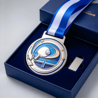 Médaille personnalisée de tennis de table en émail argenté et bleu, avec relief 3D de raquette et balle, trophée étoile pour le championnat