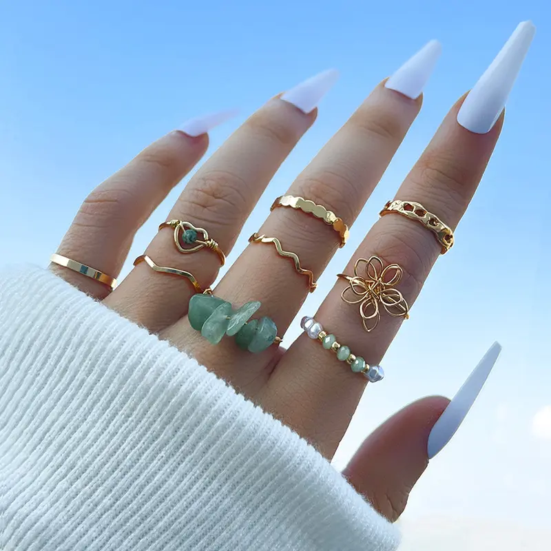 9 Stks/set Bohemen Vinger Sieraden Crystal Rijst Kralen Ring Hollow Hart Groen Natuursteen Bloemen Ring Set Liefde Vinger Ring set