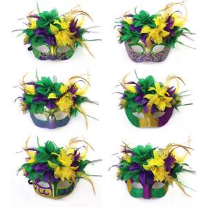 زينة الكرنفال: قناع نصفي ذهبي وأرجواني وأخضر، غطاء رأس، عصابة رأس بالريش، خرز ثلاثي الألوان، أزياء متنوعة - Product Image 5