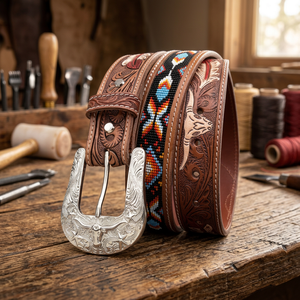 Westlicher bestickter Cowboy-Ledergürtel mit perlenbesetztem Blumenmuster, silberner Schnalle, lässiger ethnischer Stil, langlebiger handgefertigter Gürtel - Product Image 4