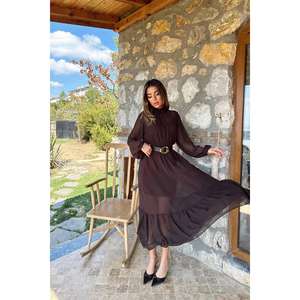 Vestido de Fiesta Modesto de Gasa Marrón al por Mayor, Talla Grande XL, con Volantes, Mangas Abullonadas Translúcidas, Hasta la Rodilla, de Viscosa, para Eventos Diurnos - Product Image 5