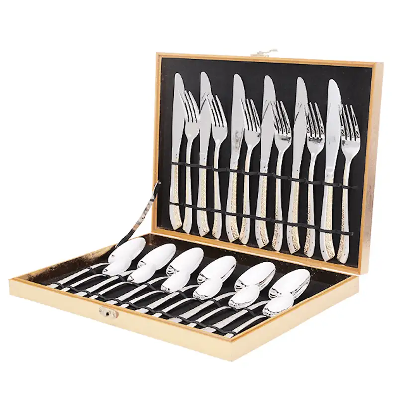 Top 24pcs High Quality Mirror Polish Gold Plated Fork Spoon set Stainless Steel Wood Case Cutlery Set