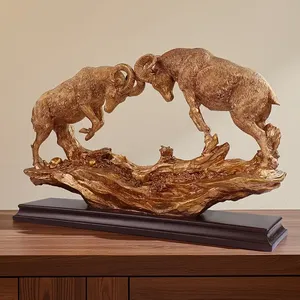 Escultura de Resina de Dos Carneros Dorados en Duelo sobre Base de Madera, Estatua de Ovejas de Cuernos Grandes en Lucha con Cuernos Entrelazados, Arte de Mesa con Temática de la Naturaleza - Product Image 1