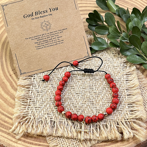 Braccialetti Unisex con Ciondolo a Croce '<span class=keywords><strong>Dio</strong></span> <span class=keywords><strong>Ti</strong></span> <span class=keywords><strong>Benedica</strong></span>', Perline in Pietra, Forma Rotonda, Corda Intrecciata Rossa e Nera, Regalo per Battesimo - Product Image 1