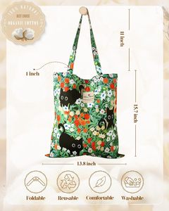 Borsa Tote in Cotone con Stampa Floreale e Gatto per Donne - Borsa a Spalla Riutilizzabile con Fibbia per Palestra, Viaggi e Lavoro - Product Image 3