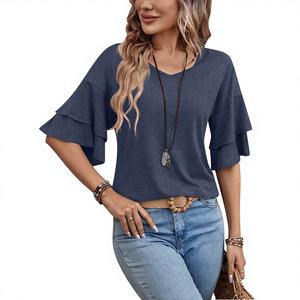 Camiseta de Verano para Mujer, Estilo Europeo Americano, Nuevo Diseño, Casual, Sólida, Transpirable, de Secado Rápido, Tejida a Crochet, Cuello en V, Holgada, Manga Corta - Product Image 2