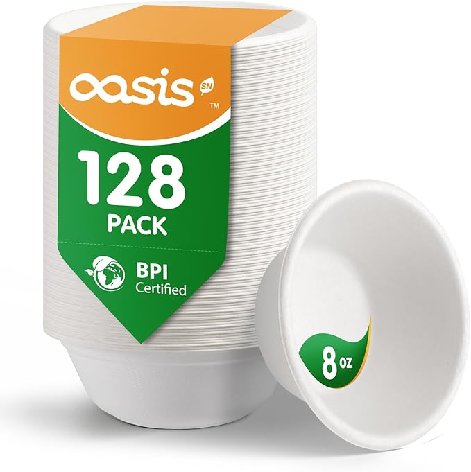 Oasis 8oz Compostable Paper Bowls Heavy-Duty Biodegradable Disposable Camping Bowls Made Bagasse Eco-Friendly Waterproof