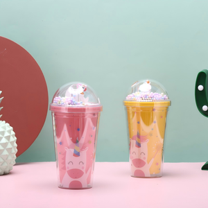 Cute 450ml Unicorn Pattern Plastic Tumbler with Straw Dome <b>Lid</b> and Star Print Design Print Plastic Straw Tumbler with <b>Decorative</b> - Product Image 1