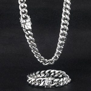 Hot Sell 2pcs/<b>set</b> Silver Gold Metal Color Hip Hop 12mm Width Stainless Steel Smooth Cuban Chain Necklace <b>Bracelet</b> - Product Image 1