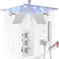 Ensemble de robinetterie de douche thermostatique Honajo à 3 poignées, pomme de douche LED de 12 pouces, 2 x 6 pouces, jets de douche complets, pomme de douche carrée, finition brossée