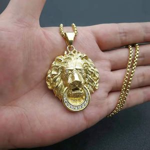 yunnique Lion Head Pendant Necklace Stainless Steel Gold Plated Rhinestone Unisex Party Jewelry - Product Image 4
