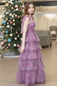 Romantique printemps et été <span class=keywords><strong>robe</strong></span> à licou florale sans manches hors de l'épaule à lacets en mousseline de soie longueur au sol avec taille naturelle - Product Image 4