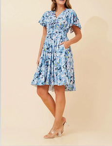 Vestido Mini Azul con Estampado Floral para Mujer, con Cuello en V, Mangas con Volantes y Cintura Fruncida, para un Look Casual Diario - Product Image 3