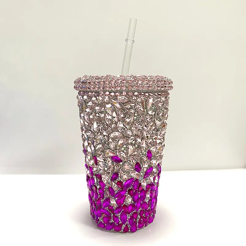 2024 mejor venta personalizada Bling Rhinestone tazas vidrio piedra taza plástico doble pared vaso para regalos de San Valentín