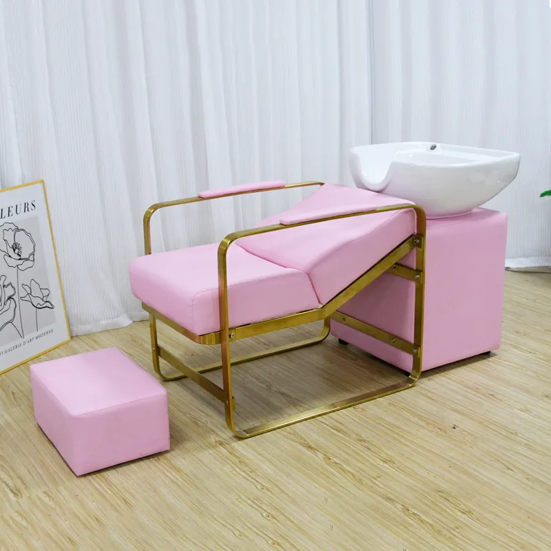 Pink Salon Furniture Set Beauty Salon Shampoo Bed Chair Basin Shampoo Bowls Sink and Chairs Pink Shampoo Chair