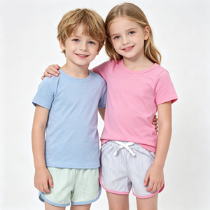 Ensemble deux pièces décontracté d'été pour petites filles, haut sans manches extensible et doux avec short rayé, en stock, vente en gros - Product Image 1