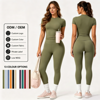 Ensemble de yoga 2 pièces pour femme avec logo personnalisé, col montant, leggings sans couture avant, haut à manches courtes, effet ventre plat, sensation seconde peau, tenue de sport