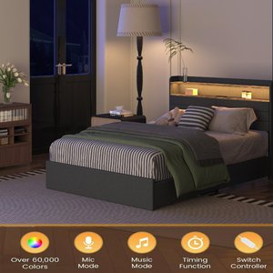 Base de Cama Minimalista y Confortable con Plataforma, 4 Cajones de Almacenamiento, Luces LED, Cabecera Tapizada, Estación de Carga y Silenciosa - Product Image 2
