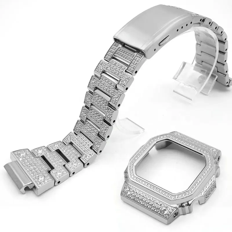 DW-5600 Mod Kit Stainless Steel Watchband with Bling Iced Stone Metal Case with Diamond for Gshock dw5600 gwm5610 Part