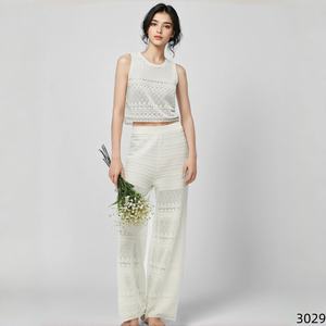 Ensemble deux pièces en dentelle <span class=keywords><strong>blanche</strong></span> ajourée, haut court <span class=keywords><strong>sans</strong></span> manches et pantalon large, motif vintage, ensemble décontracté pour femmes - Product Image 1