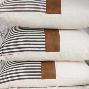 Modern Tan Accent Farmhouse Decor Stripe <b>Patchwork</b> Faux Leather Linen <b>Throw</b> Pillow Covers - Product Image 4