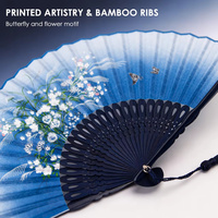 Éventail pliant en bambou bleu de 8,3 pouces avec motif papillon et fleur imprimé, accessoire portable pour la danse et la photographie