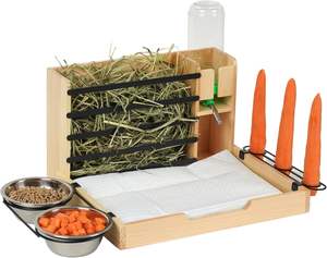 Tavşan saman besleyici ile kum kabı ahşap tavşan besleyiciler ve içenler küçük hayvanlar için ahşap tavşan saman besleyici besleme - Product Image 1