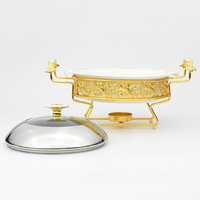Plat de service rond en céramique de luxe doré 11/13 pouces pour mariage, hôtel, buffet, chauffe-plats avec réchaud