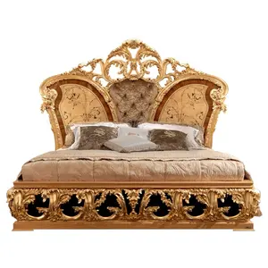 凡尔赛手工制作的雕刻木材豪华特大号面料/镶嵌镶嵌双人床的卧室在金叶