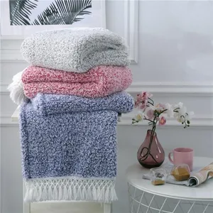 Customization Knitted Blanket With Fringe Pink 127x152cm Throws Blanket For Sofa