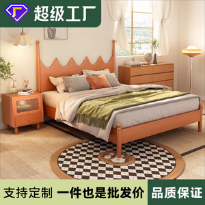 Retro Solid Wood Bed 1.5M Japanese Style Cherry Wood Color Platform Bed For Bedroom - Product Image 3