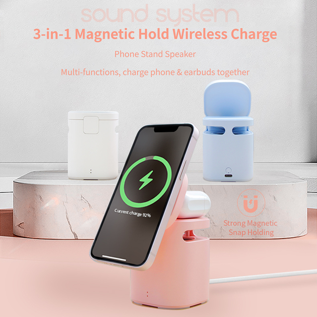 3-in-1 Smart Charger for 12/13/14 15W Magnetic Wireless Charging Phone Stand & Portable TWS Earphone for Speaker