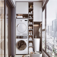Meuble de buanderie modulaire personnalisé pour balcon avec ensemble lave-linge et sèche-linge intégrés, idéal pour appartements et centres commerciaux