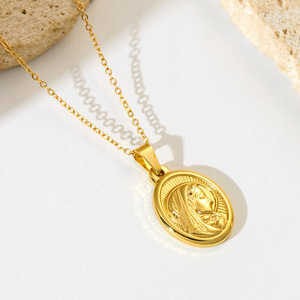 Collier Pendentif Perle en Acier Inoxydable Plaqué Or 18K Style Rétro Européen-Américain, Maillons Géométriques Simples Classiques Sainte <span class=keywords><strong>Marie</strong></span> Tendance - Product Image 3