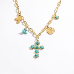 Collier pendentif croix anti-ternissement en or massif 18 carats avec perles en acier inoxydable, articles religieux catholiques, produits pour femmes et filles - Product Image 5