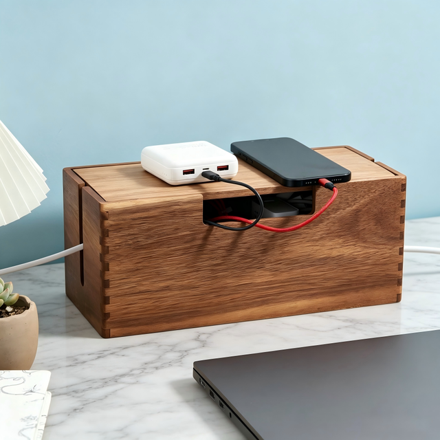 Wood Cable Management Box, Wooden Cord Hider & Organizer for Power Strip, Electrical Hiding- Office Under Desk Cable Storage Box
