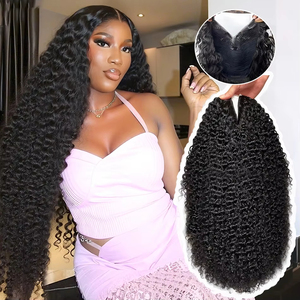 Peluca rizada en V de cabello humano, mejora de la peluca en U con cordón, 250% de densidad, sin pegamento, forma de V, peluca completa con clip para la mitad de la cabeza - Product Image 1