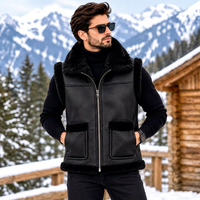 Gilet en cuir noir pour homme, en peau de mouton, chaud pour l'hiver, veste sans manches pour motard, manteau bomber de montagne