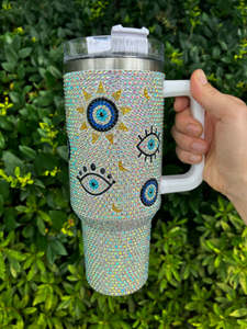 Bicchieri Termici Personalizzati in Acciaio Inox da 40oz con Cristalli e Strass, Isolamento Sottovuoto, Antigoccia, con Cannuccia e Decorazioni Occhio Malvagio - Product Image 3