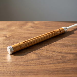 Flûte musicale artisanale en bois avec embout argenté, motif gravé, Feng Shui, baguette de guérison en bois jaune, décoration intérieure Gujarat - Product Image 3