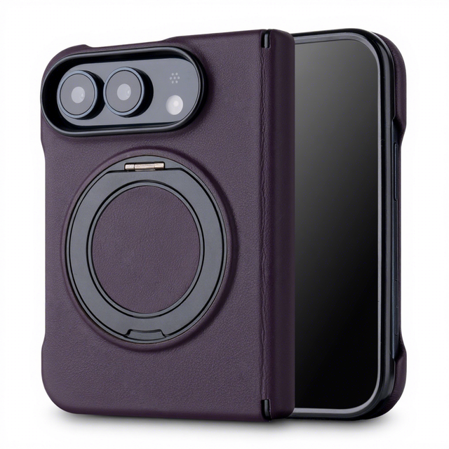 Crazy Horse Leather Case for iPhone Duo Foldable Phone Cover Hinge Protection 360 Rotating Ring Stand OEM ODM Factory