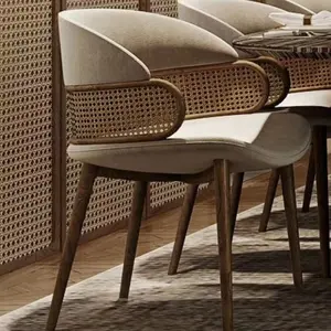 MORE DESIGN Free Sample Wooden Home Furniture Rattan Wicker Back With Soft Cushion Kitchen Dining Wood Restaurant Chair