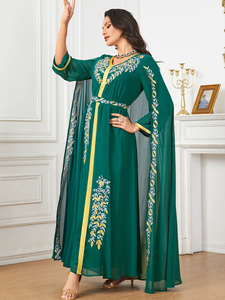 Elegant Evening <b>Dress</b> Ramadan <b>Eid</b> Party Cape Sleeve Embroidered Emerald Gold Trim Abaya - Product Image 3