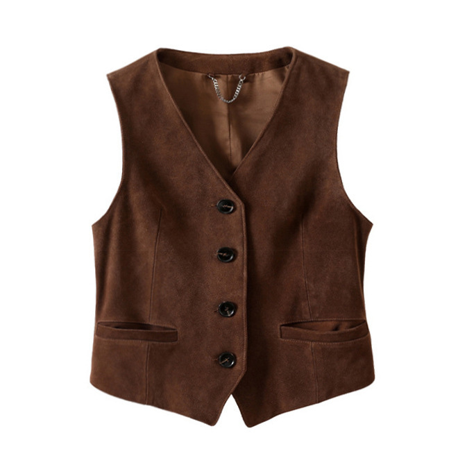 3194-2 Custom British Style Casual Short Leather Waistcoat Sleeveless Cowhide Suede Leather Vest