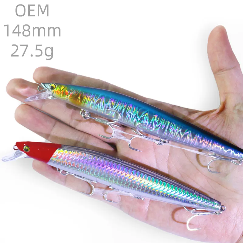 OEM uzun döküm batan minnow 148mm 27.5g sert büyük pislik yemler wobass balıkçılık cazibesi için seabass