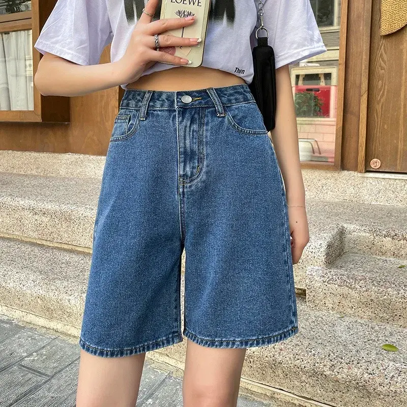 Short en jean pour femme 2024 Summer Vintage Streetwear Female High Waist Wide Leg Straight Short Pants Solid Color Ladies Jean Shorts