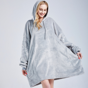 Silver Grey Flannel Fleece Drawstring Side Two Pockets Super Soft Long Pullover Blanket <strong>Oversized</strong> <strong>Snuggle</strong> <strong>Hoodie</strong> - Product Image 1