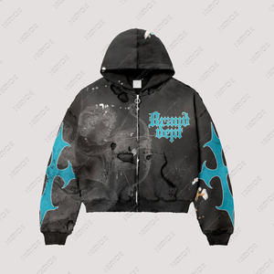 Acid Wash Winter Print <b>Hoodie</b> 100% Cotton Distressed Men Streetwear Zipper Waterproof <b>Oversized</b> Heavyweight Applique Vintage - Product Image 1