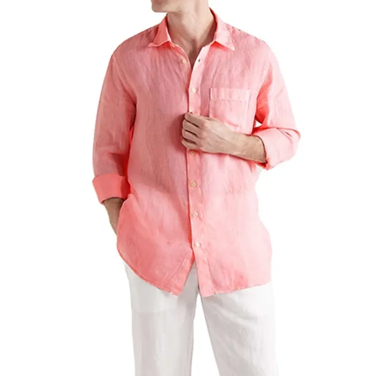 Custom Summer Long Sleeve Shirts Mens 100% Linen Fabric Button Light Pink Linen Shirt For Men